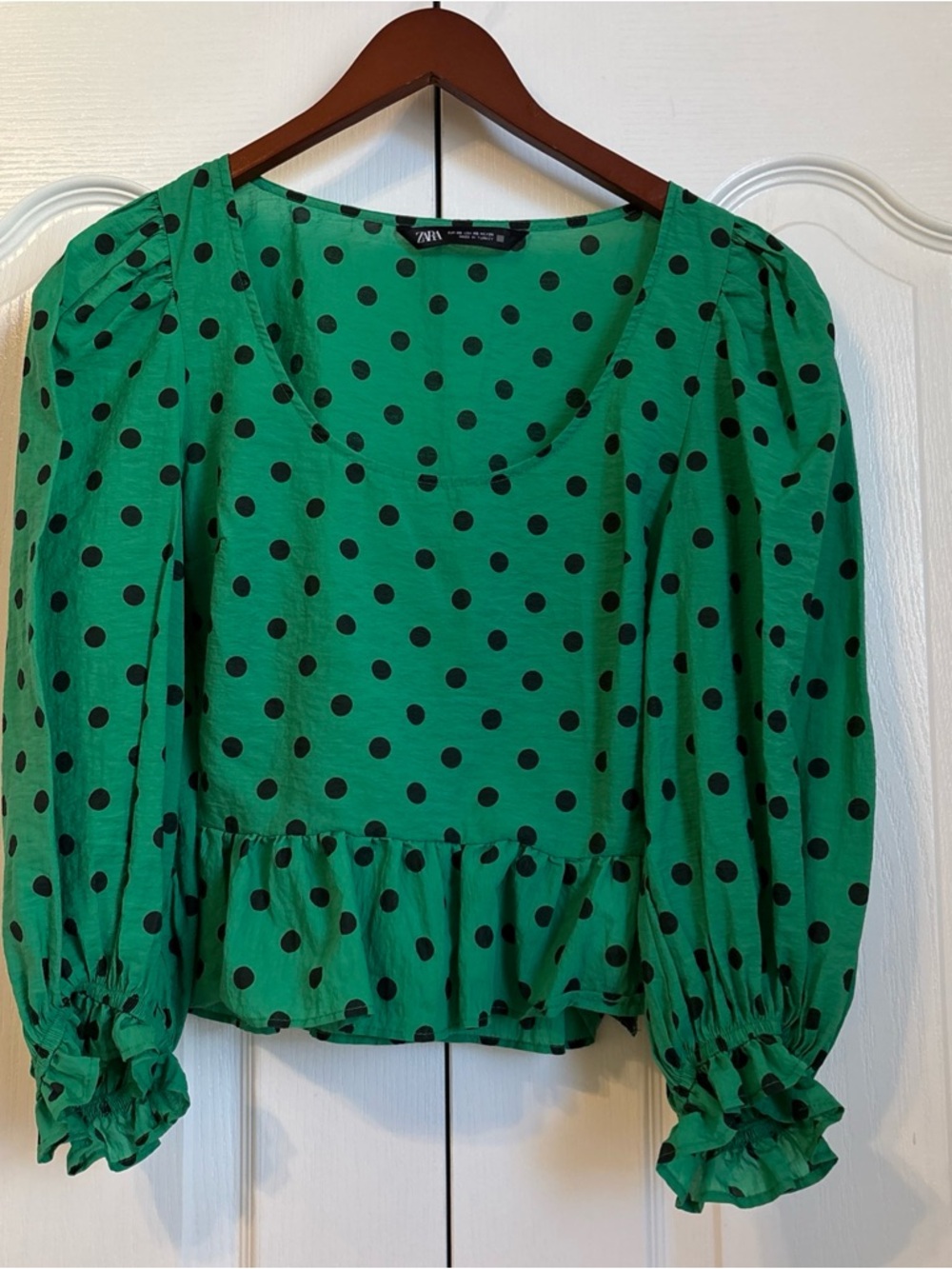 Zara Emerald Green Black Polka Dot Puff Sleeve Blouse XS